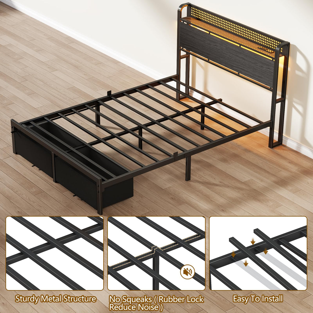 Full Size Bed Frame with Headboard, Charging Station, 2 Storage Drawers K7458