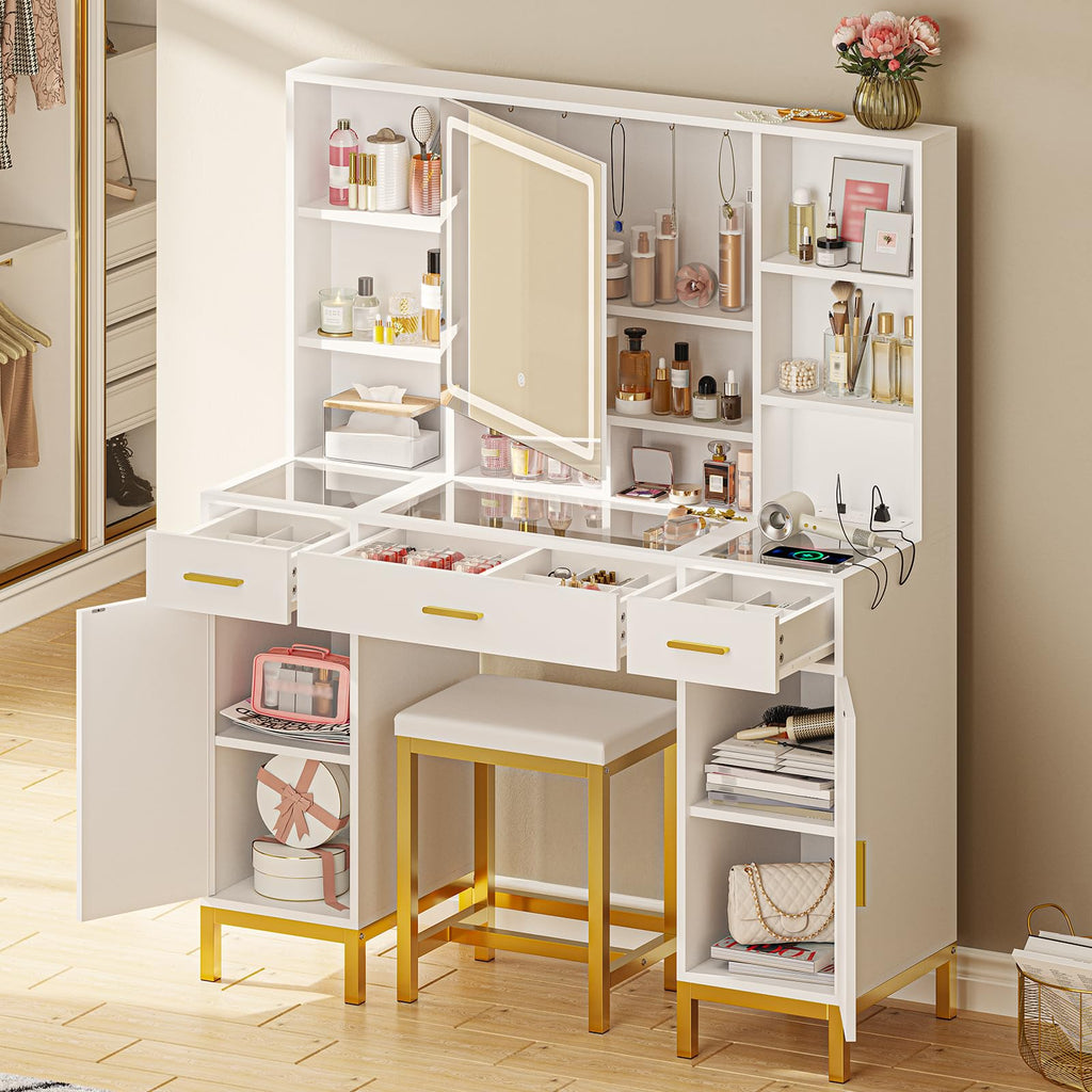White Vanity Desk with Mirror and Lights I6313