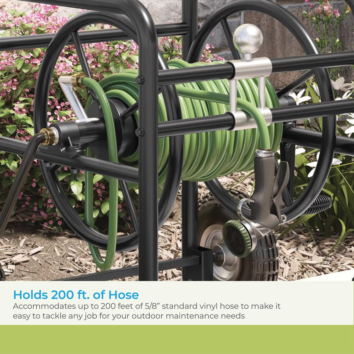 200' Steel Garden Hose Reel Cart with Flat-Free Rubber Tires R75338
