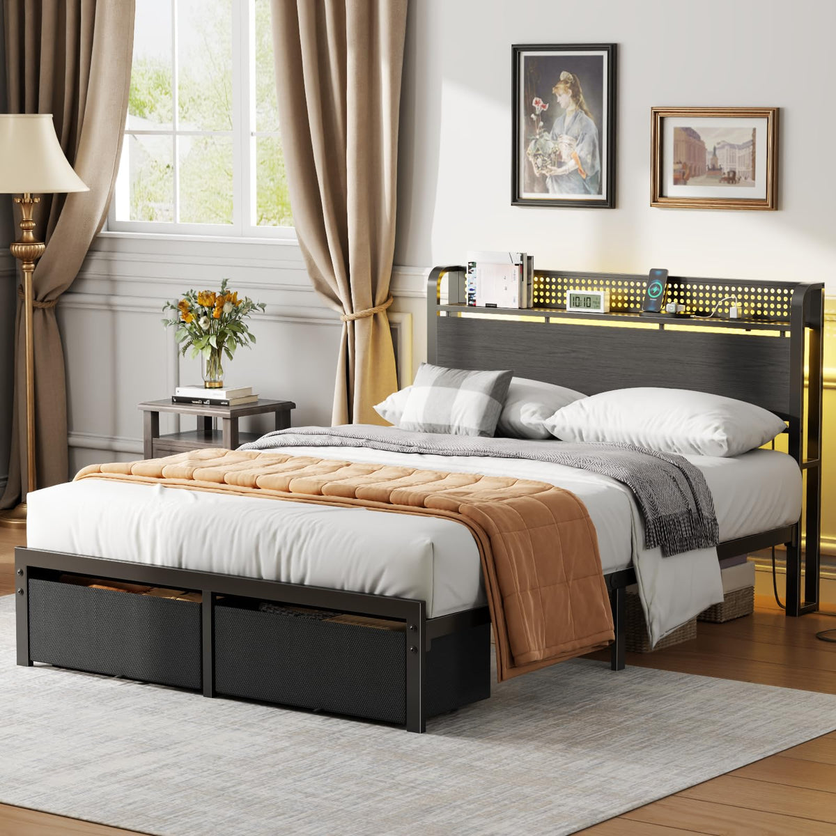 Full Size Bed Frame with Headboard, Charging Station, 2 Storage Drawers K7458