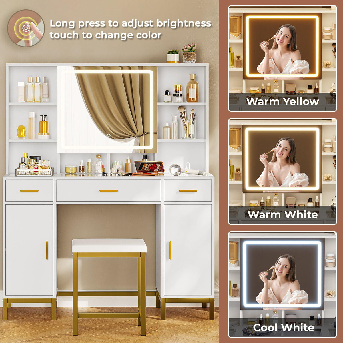 White Vanity Desk with Mirror and Lights I6313