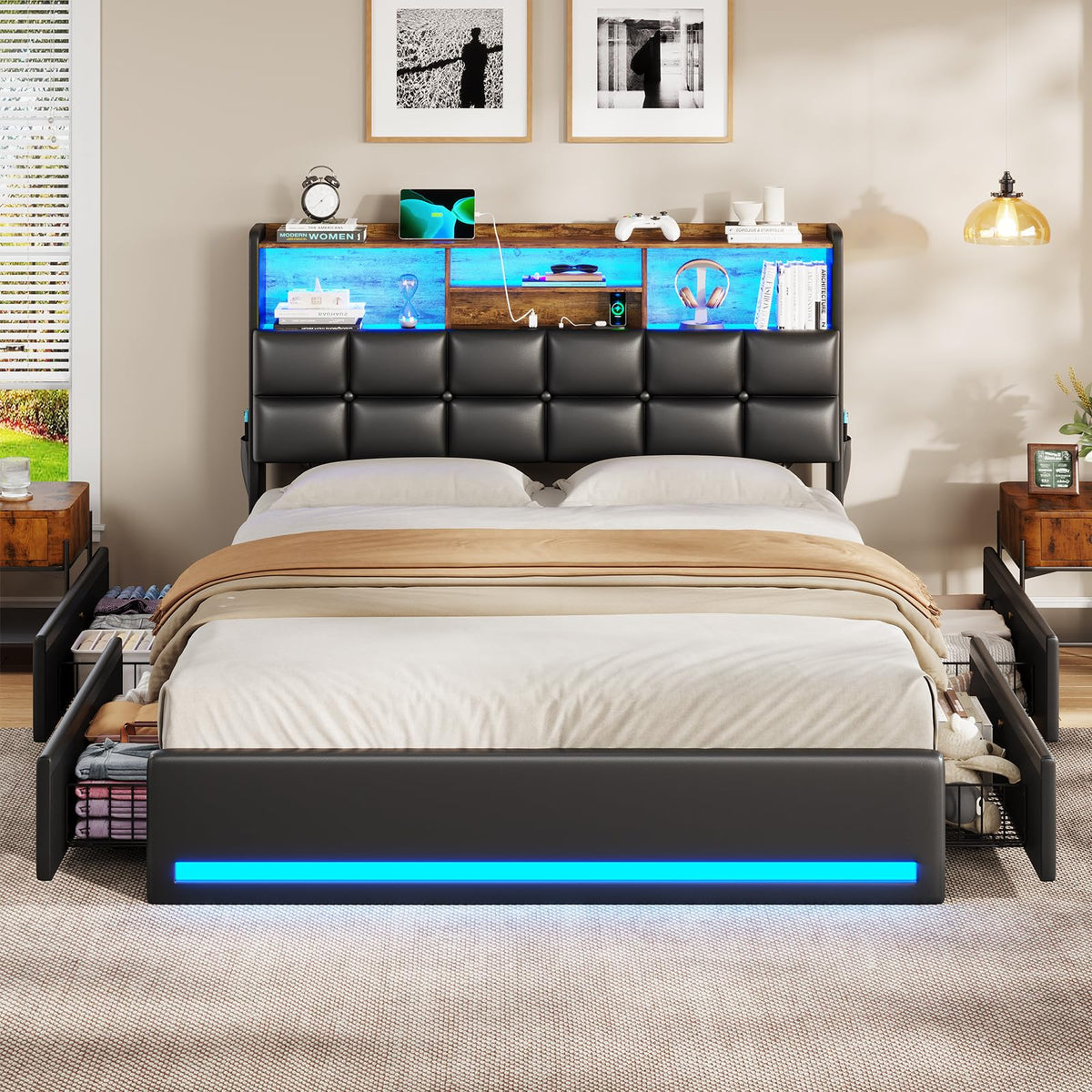 Black Full Size Upholstered Platform Bed Frame with Bookcase Headboard and 4 Drawers W603