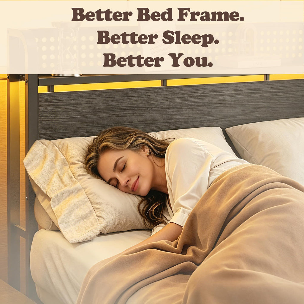 Full Size Bed Frame with Headboard, Charging Station, 2 Storage Drawers K7458