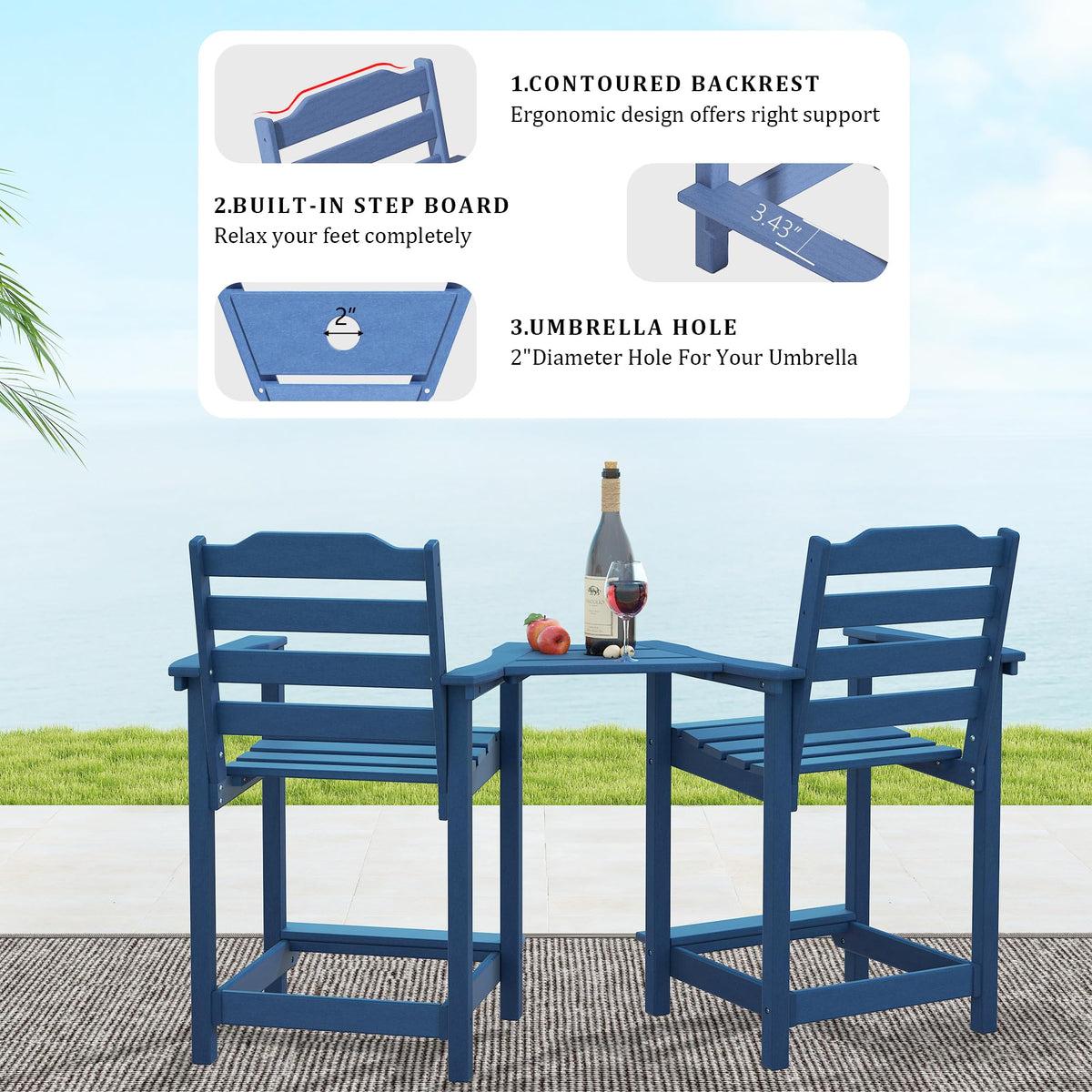 HDPE All-Weather Plastic Adirondack Chair Set of 2 Navy Blue I729754