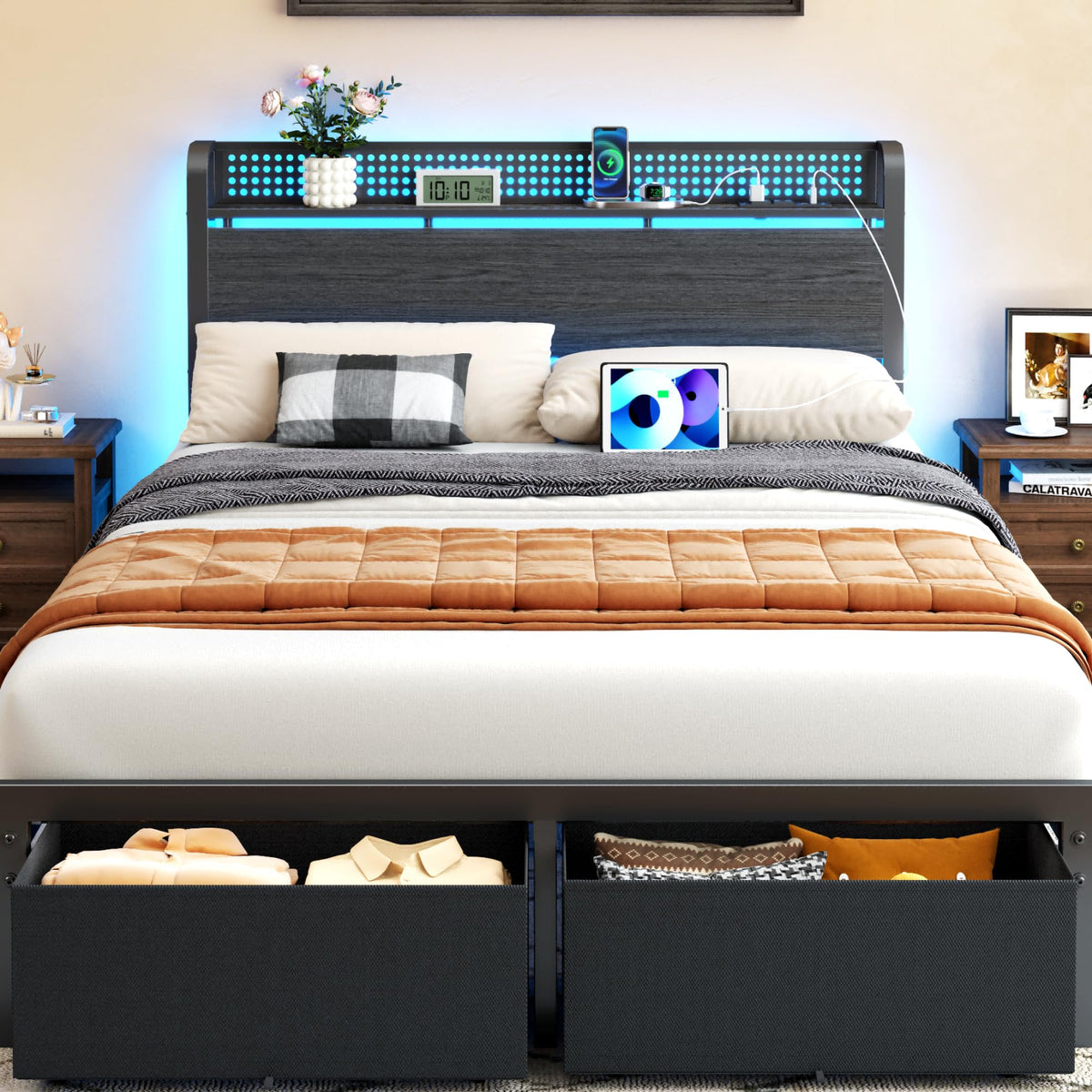 Full Size Bed Frame with Headboard, Charging Station, 2 Storage Drawers K7458