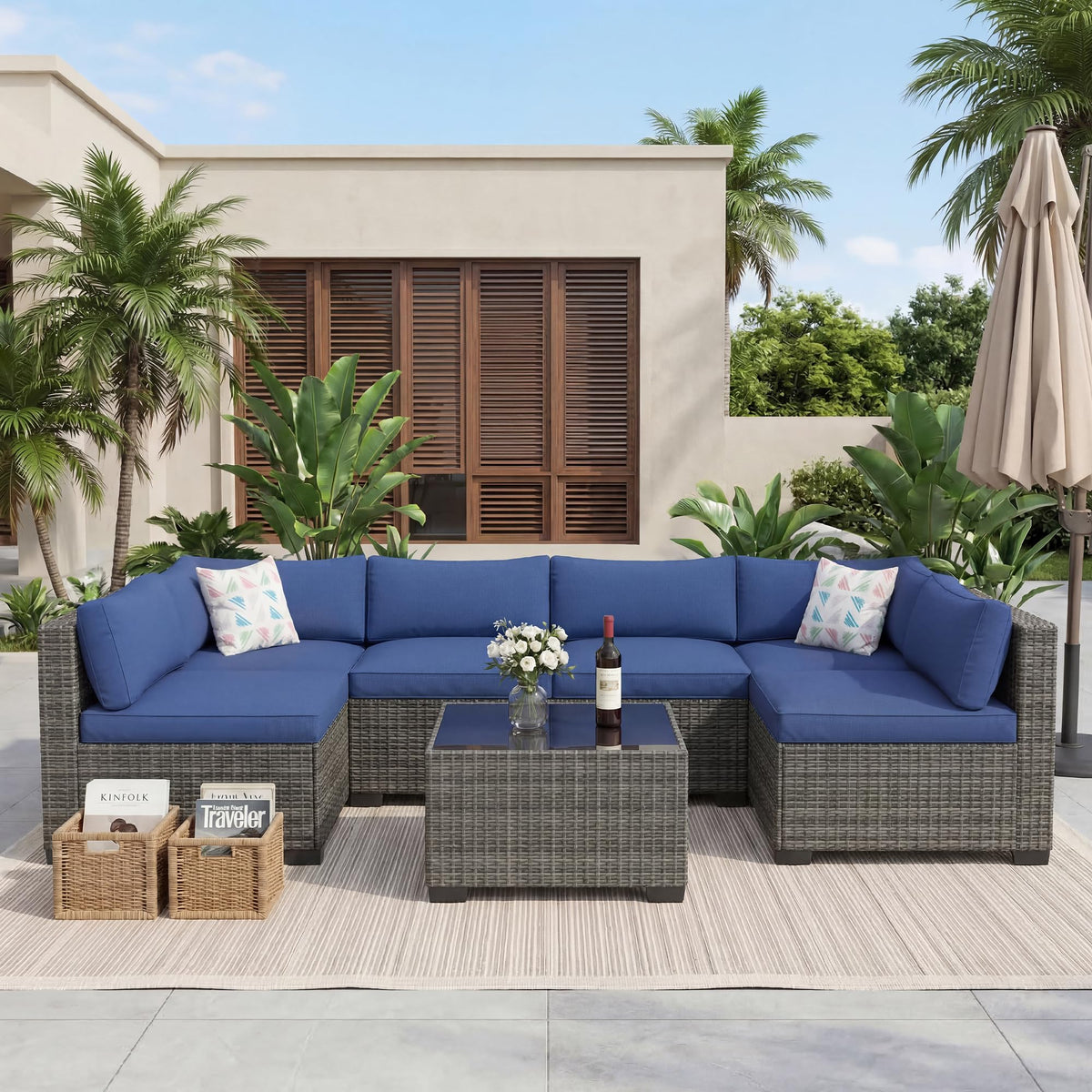 7-Piece Outdoor Rattan Sectional Sofa Set with Coffee Table L816104