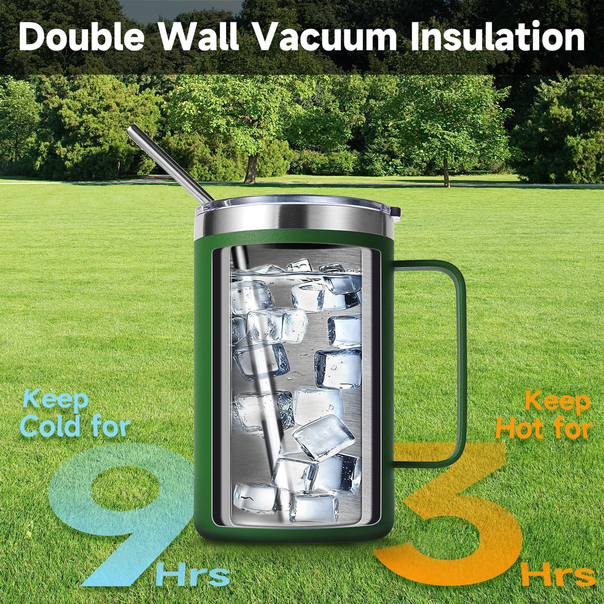 16oz Insulated Stainless Steel Coffee Mug with Lid and Straw I9069