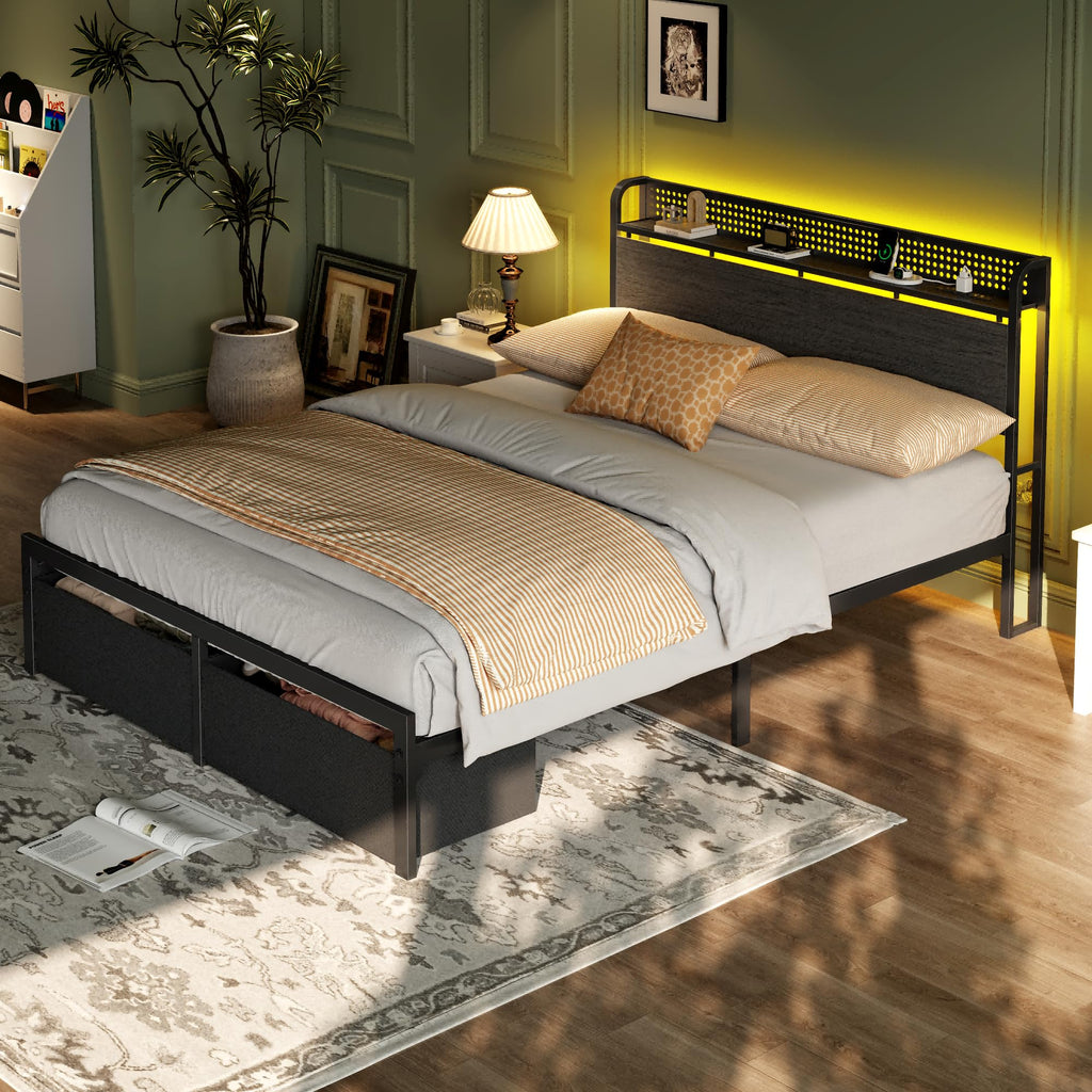 Full Size Bed Frame with Headboard, Charging Station, 2 Storage Drawers K7458